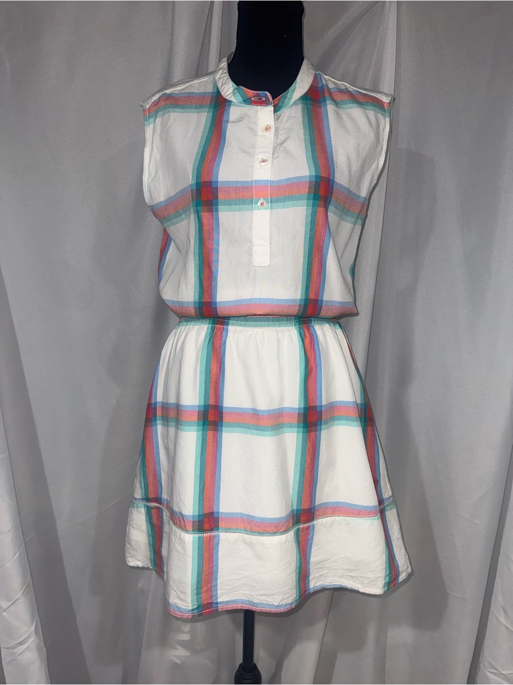 Hatley White Sleeveless Plaid Mini Dress with Teal, Coral, and Pink Stripes